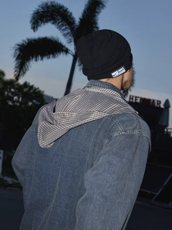 Embroidered Denim Shirt with Plaid Shawl 5