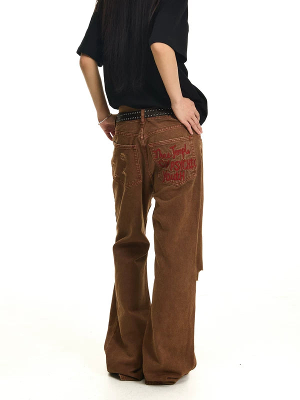 Embroidered Distressed Flared Pants 1