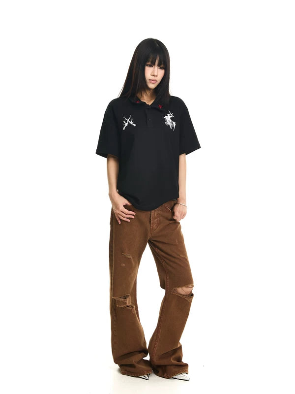 Embroidered Distressed Flared Pants 4