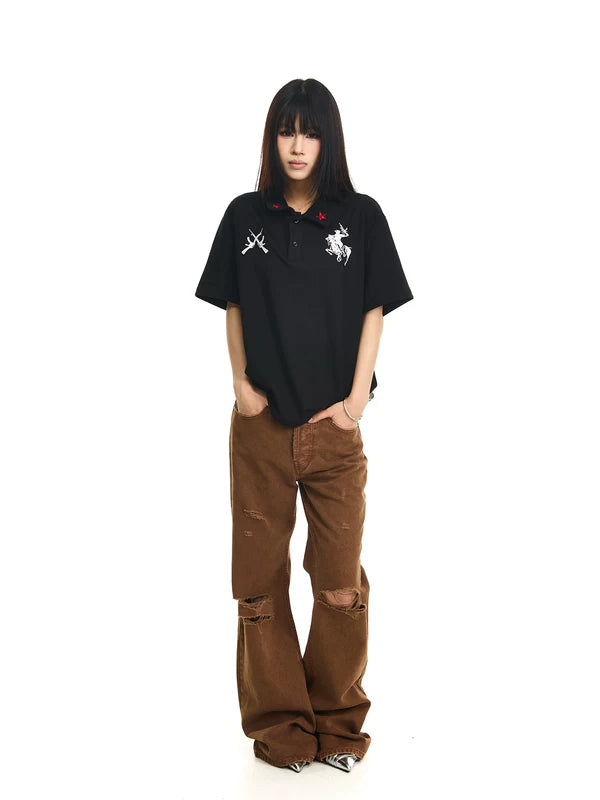 Embroidered Distressed Flared Pants 5