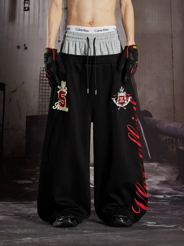Embroidered Double Waist Loose Casual Pants 2