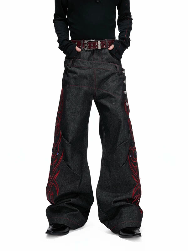 Embroidered Double-Waisted Raw Denim Pants 1