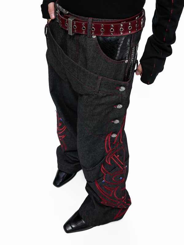 Embroidered Double-Waisted Raw Denim Pants 3