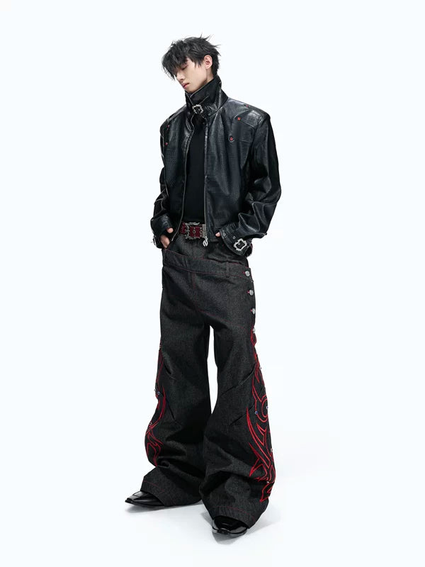 Embroidered Double-Waisted Raw Denim Pants 4