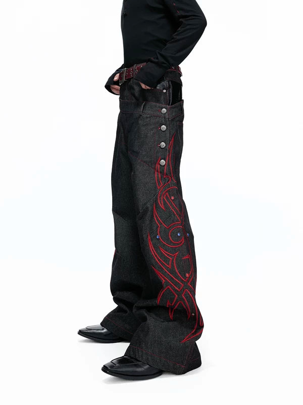 Embroidered Double-Waisted Raw Denim Pants 5