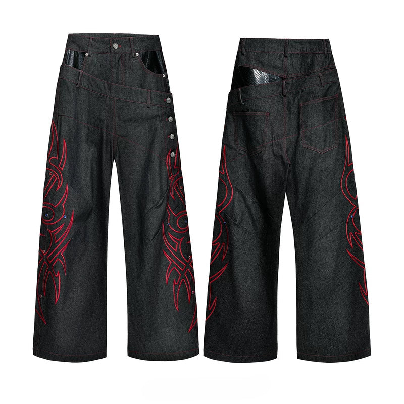6295355947013,6295355947014,6295355947015,6295355947016, Embroidered Double-Waisted Raw Denim Pants