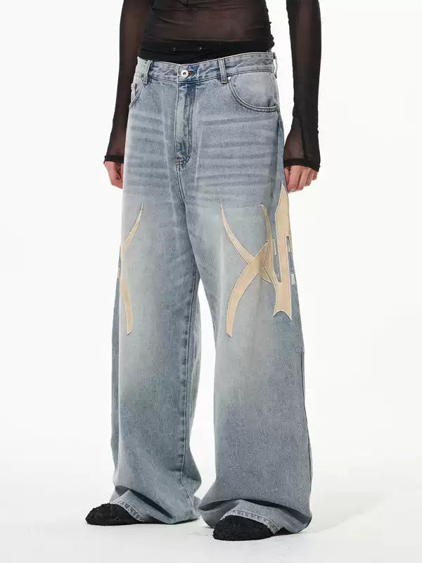 Embroidered Graphic Washed Loose Fit Jeans Pants 2