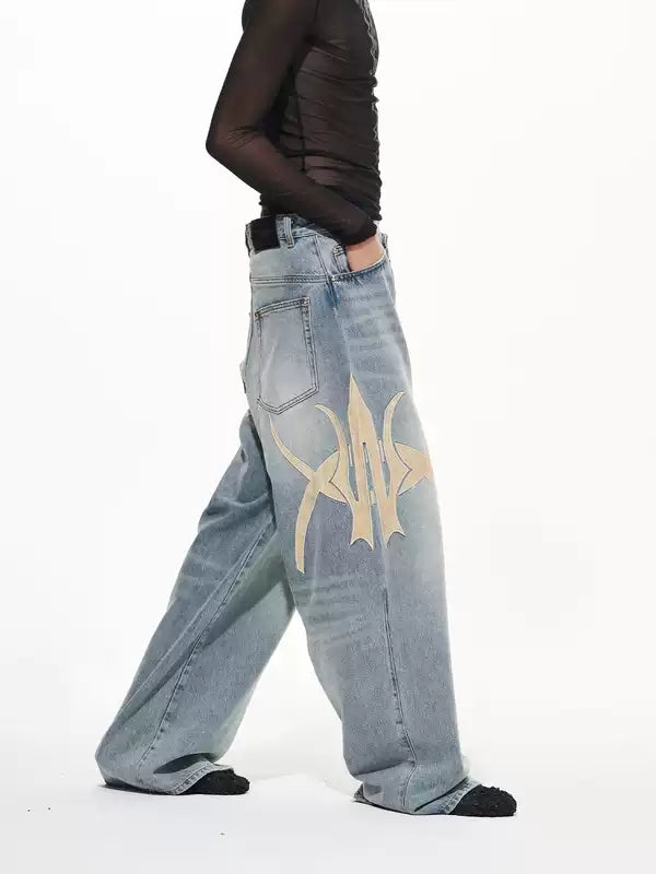 Embroidered Graphic Washed Loose Fit Jeans Pants 3