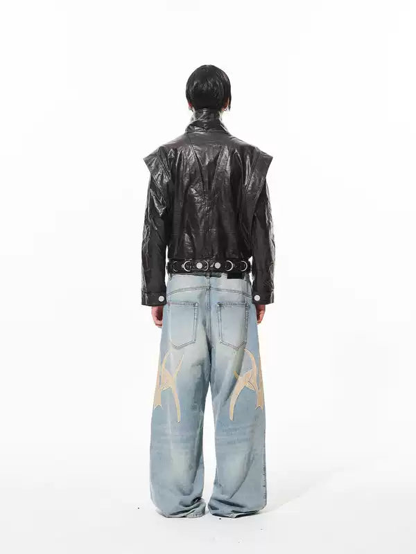 Embroidered Graphic Washed Loose Fit Jeans Pants 5