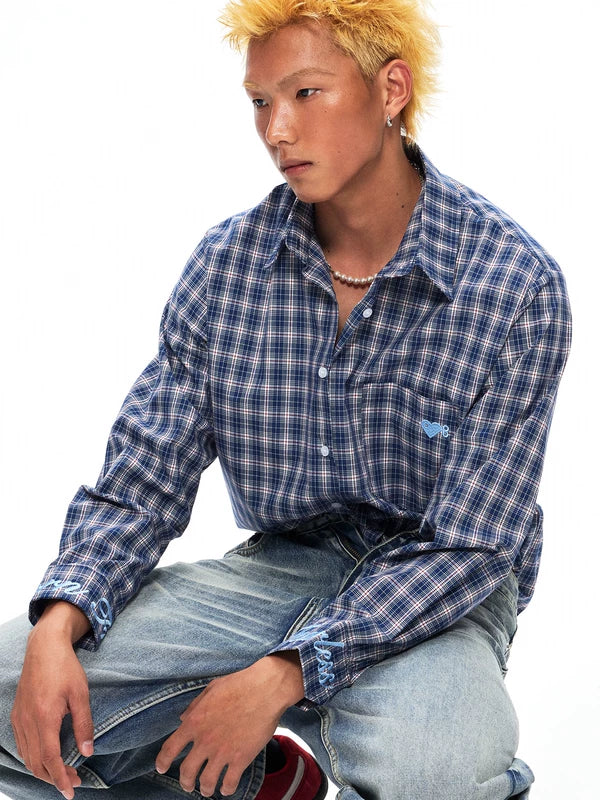 Embroidered Heart Plaid Long-Sleeve Cotton Shirt 2