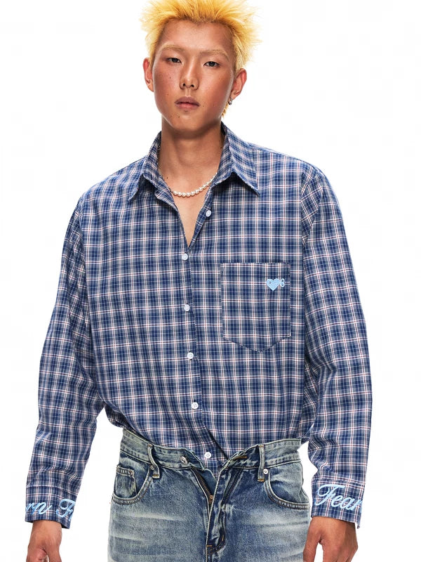 Embroidered Heart Plaid Long-Sleeve Cotton Shirt 3