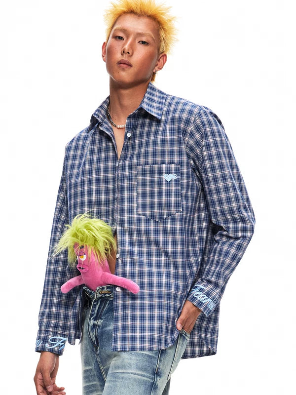 Embroidered Heart Plaid Long-Sleeve Cotton Shirt 5