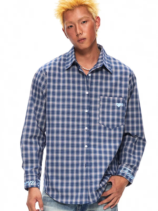6202335286189,6202335286190,6202335286191, Embroidered Heart Plaid Long-Sleeve Cotton Shirt
