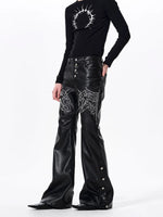 Embroidered Horse Head Flared Leather Pants 2