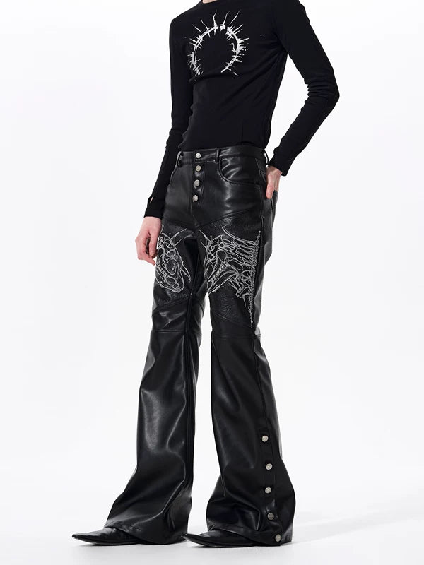 Embroidered Horse Head Flared Leather Pants 2