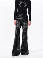 Embroidered Horse Head Flared Leather Pants 3
