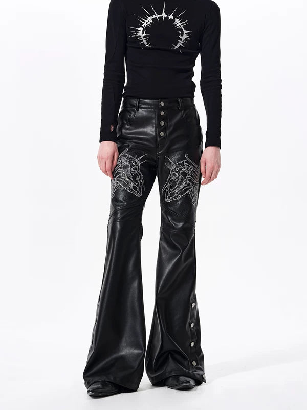 Embroidered Horse Head Flared Leather Pants 3
