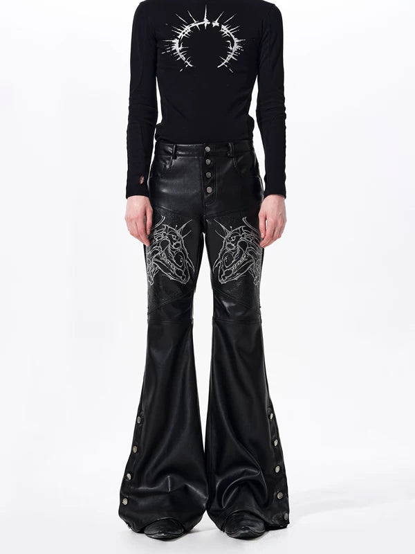 Embroidered Horse Head Flared Leather Pants 4