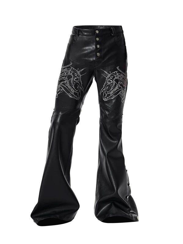 Embroidered Horse Head Flared Leather Pants 5