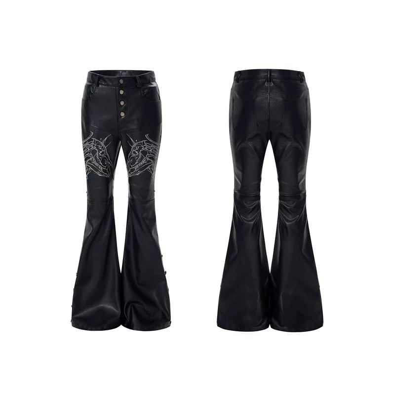 6027776945535,6027776945536,6027776945537,6027776945538, Embroidered Horse Head Flared Leather Pants