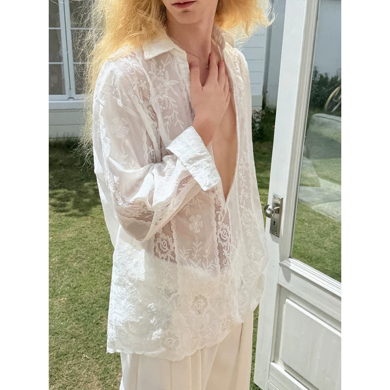 Embroidered Lace Deep V-Neck Shirt 2
