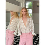 Embroidered Lace Deep V-Neck Shirt 3