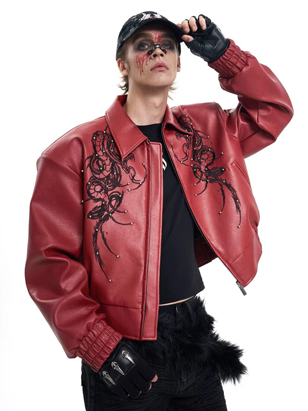 Embroidered Leather Motorcycle Jacket 4