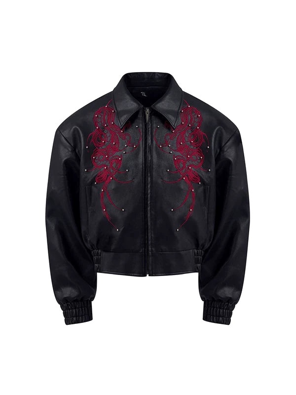 Embroidered Leather Motorcycle Jacket 5