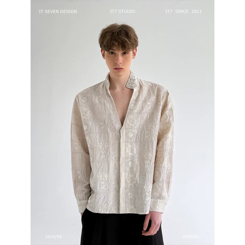 Embroidered Linen Jacquard Long Sleeve Shirt 1