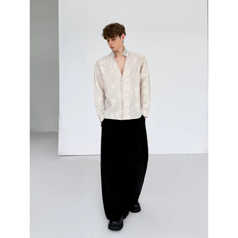 Embroidered Linen Jacquard Long Sleeve Shirt 5