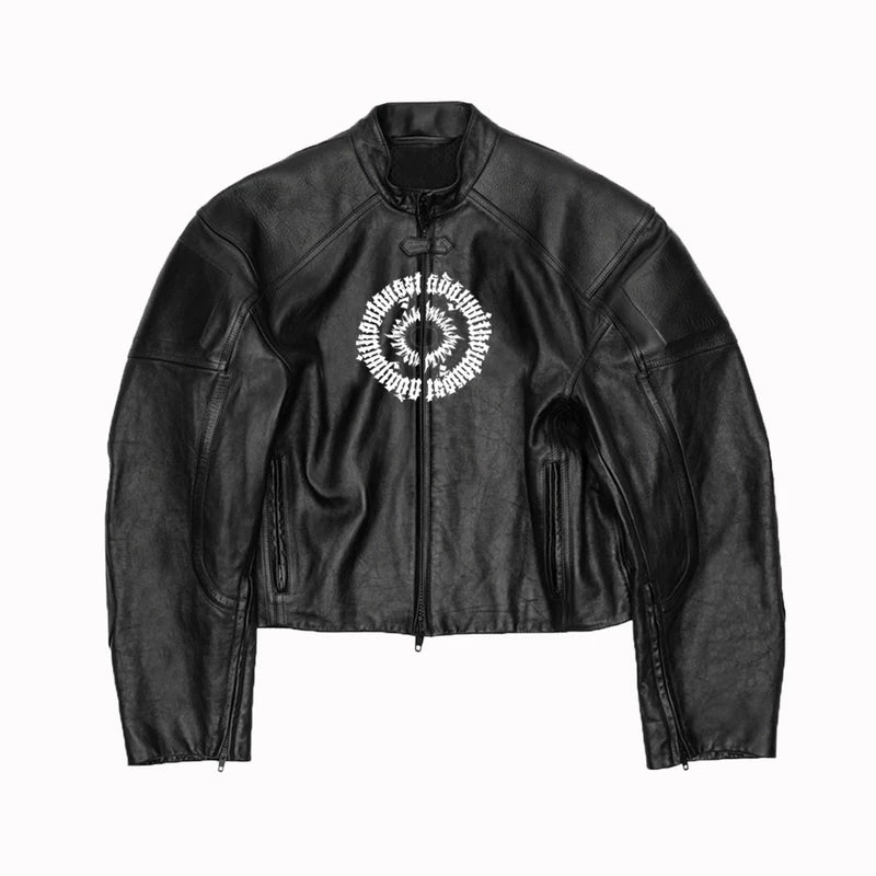 Embroidered Logo Oversized Racing Leather Jacket 1