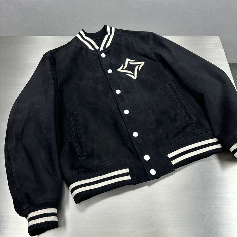 Embroidered Logo Sheepskin Varsity Baseball Jacket 3