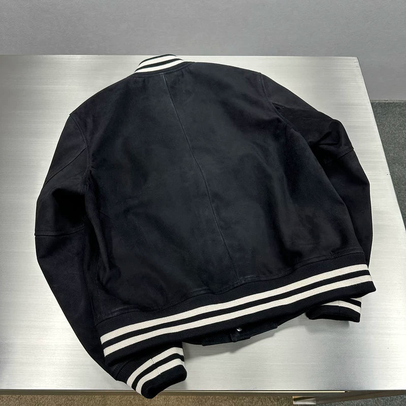 Embroidered Logo Sheepskin Varsity Baseball Jacket 4