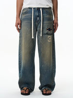 Embroidered Loose Fit Drawstring Denim Pants 1
