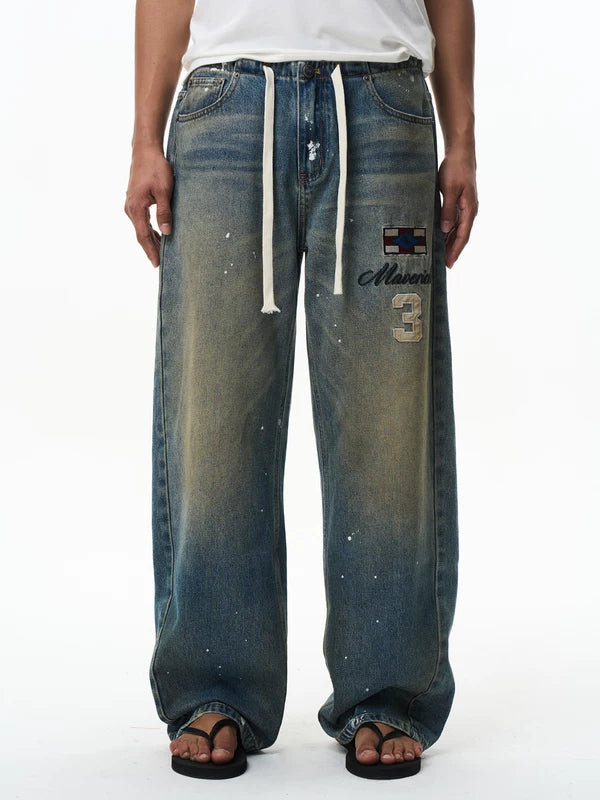 Embroidered Loose Fit Drawstring Denim Pants 1
