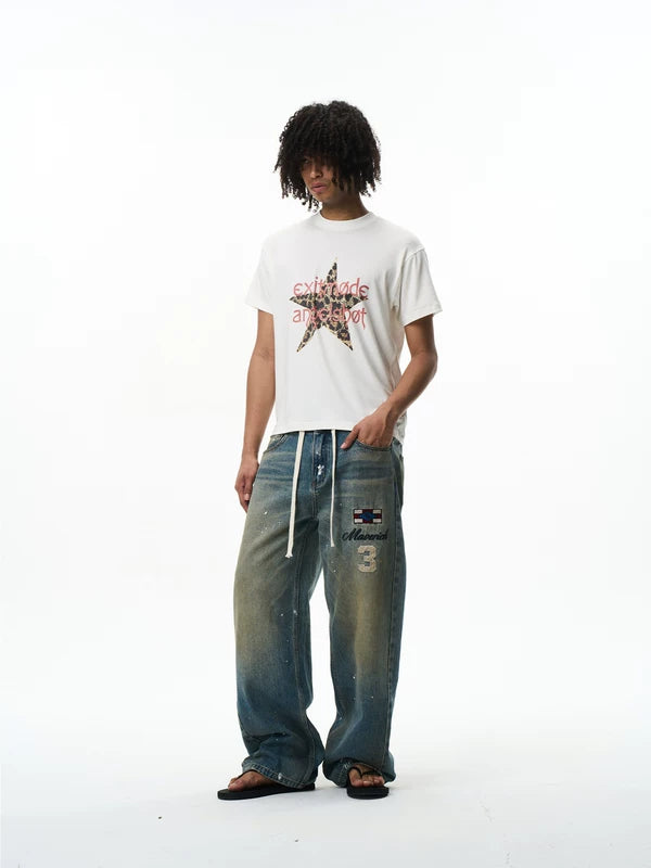 Embroidered Loose Fit Drawstring Denim Pants 2