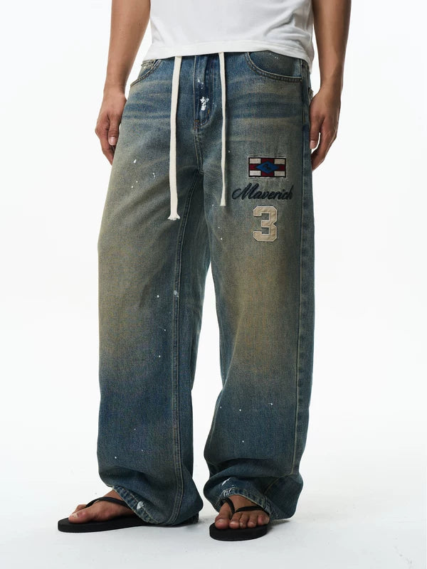 Embroidered Loose Fit Drawstring Denim Pants 3