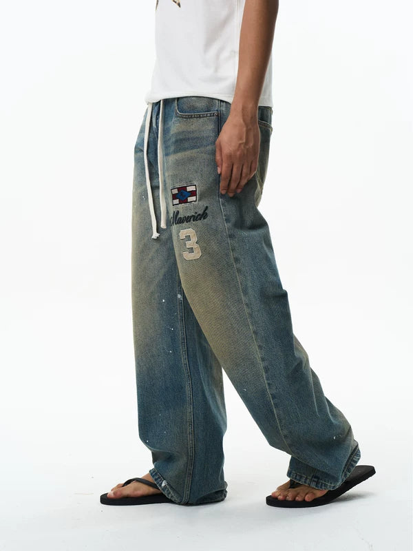 Embroidered Loose Fit Drawstring Denim Pants 4
