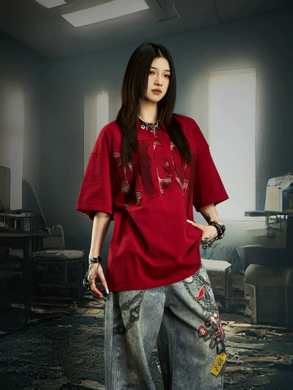 Embroidered Patchwork Distressed T-Shirt 2