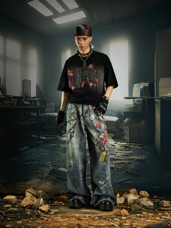 Embroidered Patchwork Distressed T-Shirt 4
