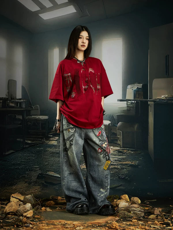 Embroidered Patchwork Distressed T-Shirt 5