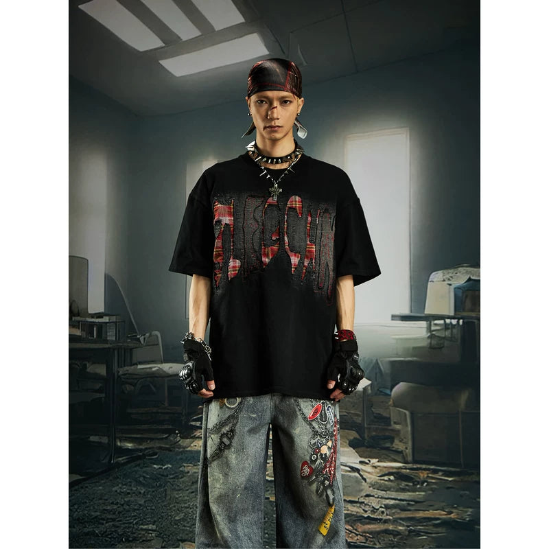 5833536388218,5833536388219,5833536388220,5833536388221, Embroidered Patchwork Distressed T-Shirt