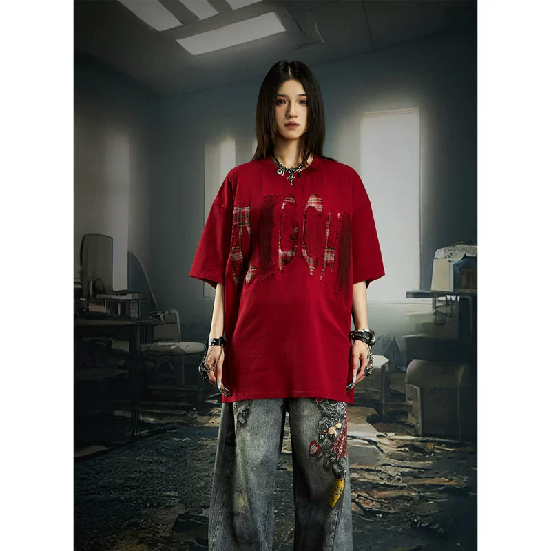 5833536388222,5833536388223,5833536388224,5833536388225, Embroidered Patchwork Distressed T-Shirt