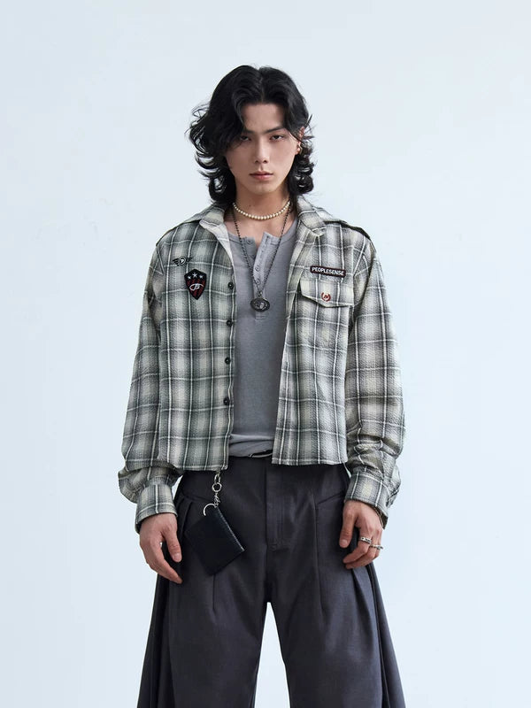 Embroidered Plaid Short-Sleeve Hooded Shirt 1