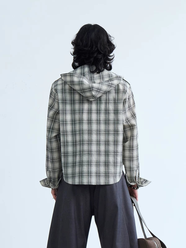 Embroidered Plaid Short-Sleeve Hooded Shirt 3