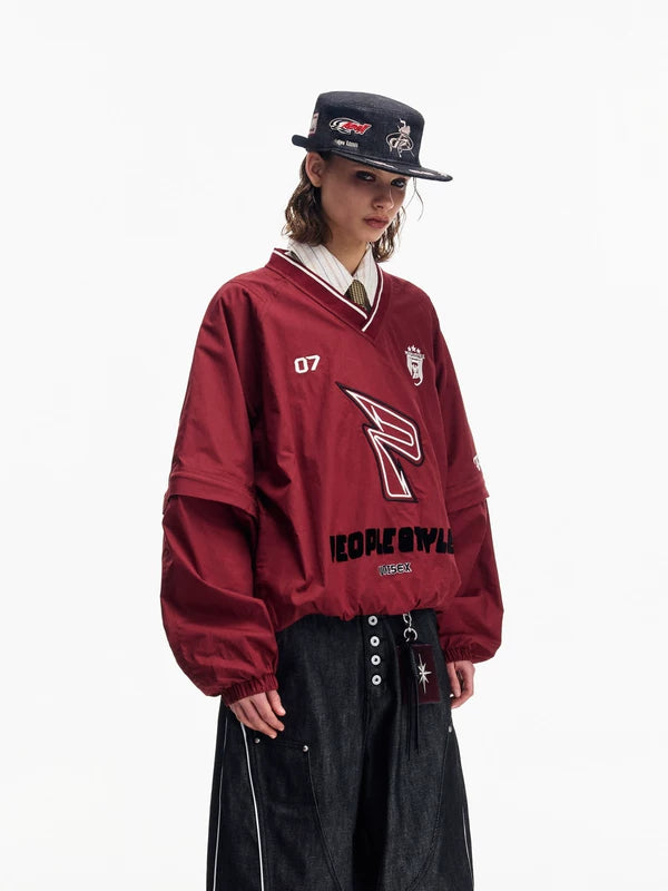 Embroidered Retro Sporty V-Neck Hoodie 2