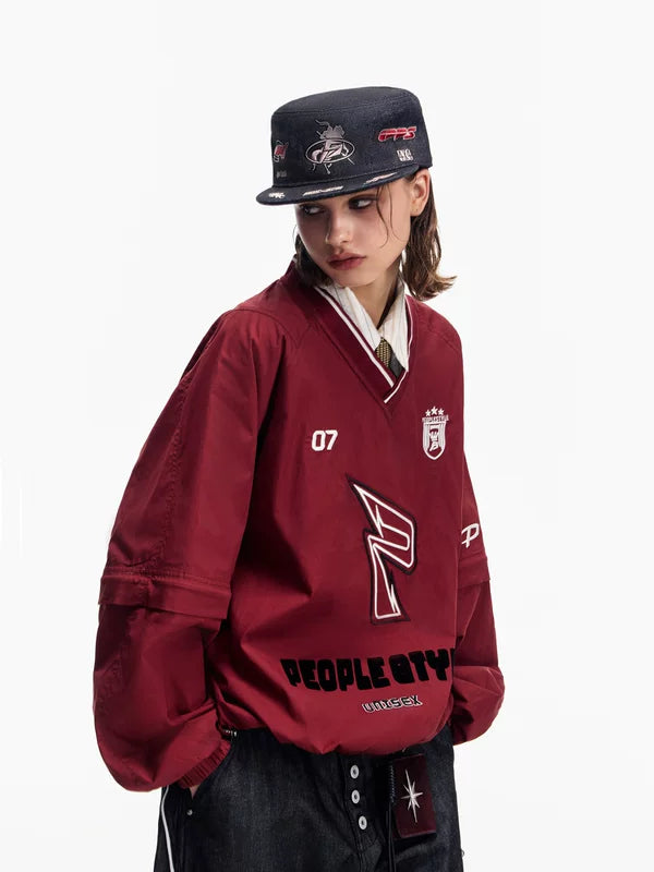 Embroidered Retro Sporty V-Neck Hoodie 4