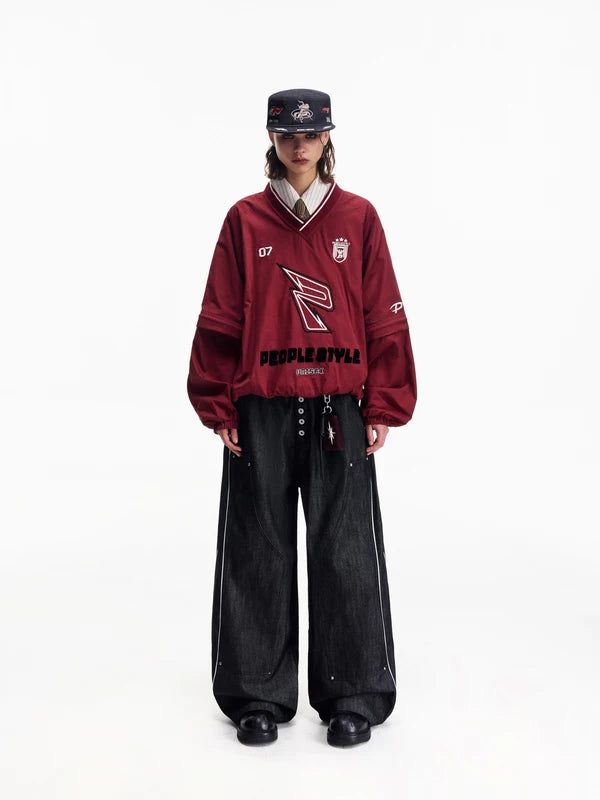 Embroidered Retro Sporty V-Neck Hoodie 5