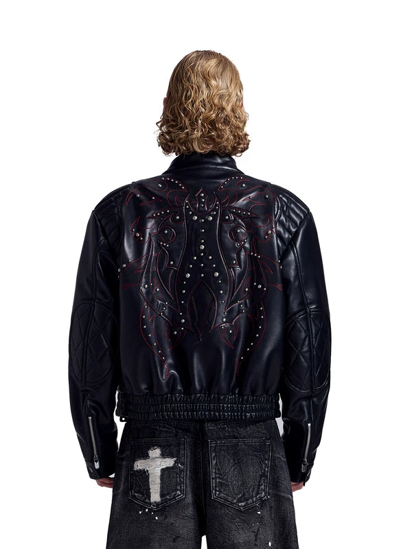 Embroidered Rivet Motorcycle Leather Jacket 5