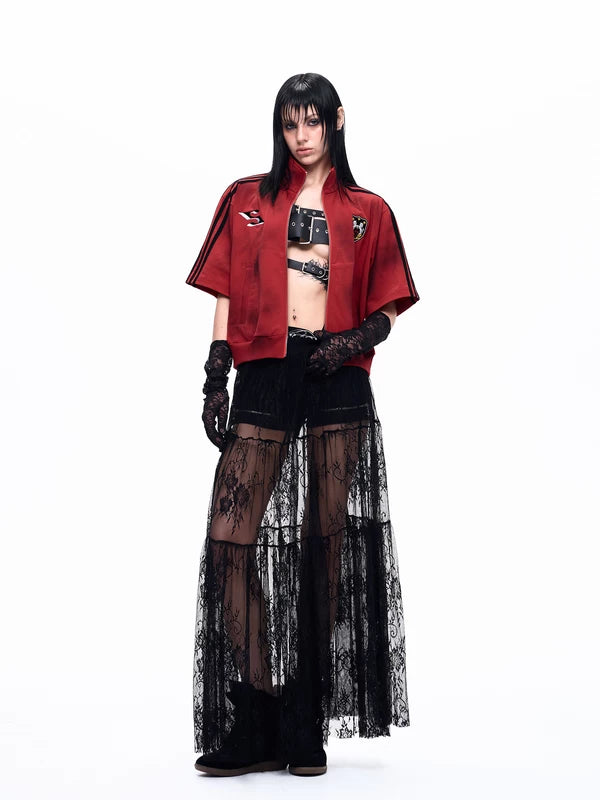 Embroidered Short Sleeve Stand Collar Jacket 4